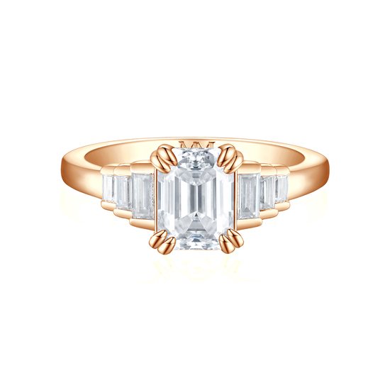 Rectanglo - 18k Roségouden Smaragd Geslepen Moissanite Ring met Baguette Accenten - 0.6 karaat.