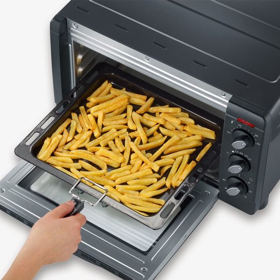 SEVERIN Back- und Toastofen, Mini Backofen mit Grillrost, Backblech und Krümelblech, vielseitiger Heißluftofen mit 14 L Kapazität, 1.200 W, Schwarz-Silber, TO 2064