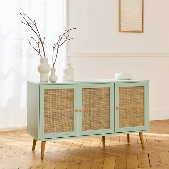 Le Alice's Garden | Buffet Bohème | 120x39x70cm | 3 portes | Vert céladon et rotin