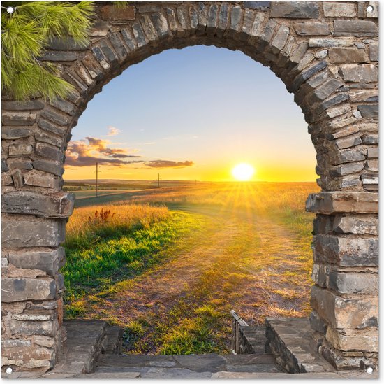 Tuinposter - Doorkijk - Platteland - Zonsondergang - Akker - Boeren - 100x100 cm - Schuttingposter - Tuinposter doorkijk - Tuindoek - Buitenposter