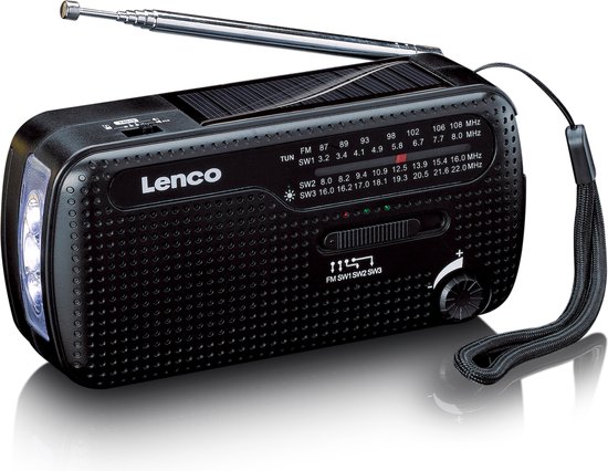 Lenco Noodradio - Opwindbaar - Solar - USB - Battterijen - Zaklamp - Powerbank 1200 mAh - Alarmsignaal - Noodpakket - MCR-113BK - Zwart