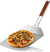 Pizzaschep van roestvrij staal 430, pizza- en taartschep met houten handvat, pizzaschep voor pizza, tarte flambée, broodjes en brood, inklapbare handgreep (zilver/bruin, vierkant)