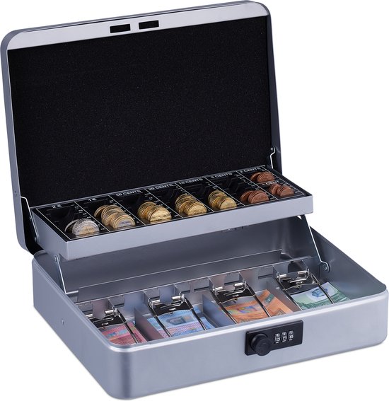 geldkistje met cijferslot - 3 cijfers - telbord euromunten - 4 vakken - 8,5 x 30,5 x 25 cm - zilver