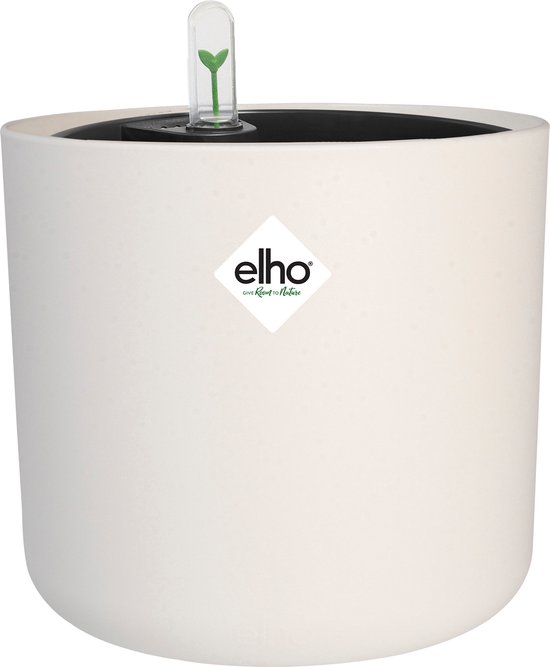 Pot de fleurs rond blanc avec logo Elho et indicateur d'eau avec petite plante verte.