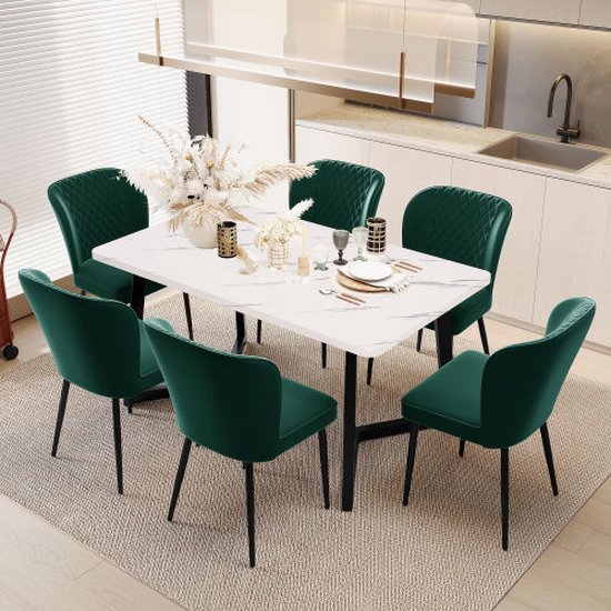 Chaise de salle à manger (6 pièces), vert foncé, chaise rembourrée, chaise design avec dossier, assise en velours, structure en métal