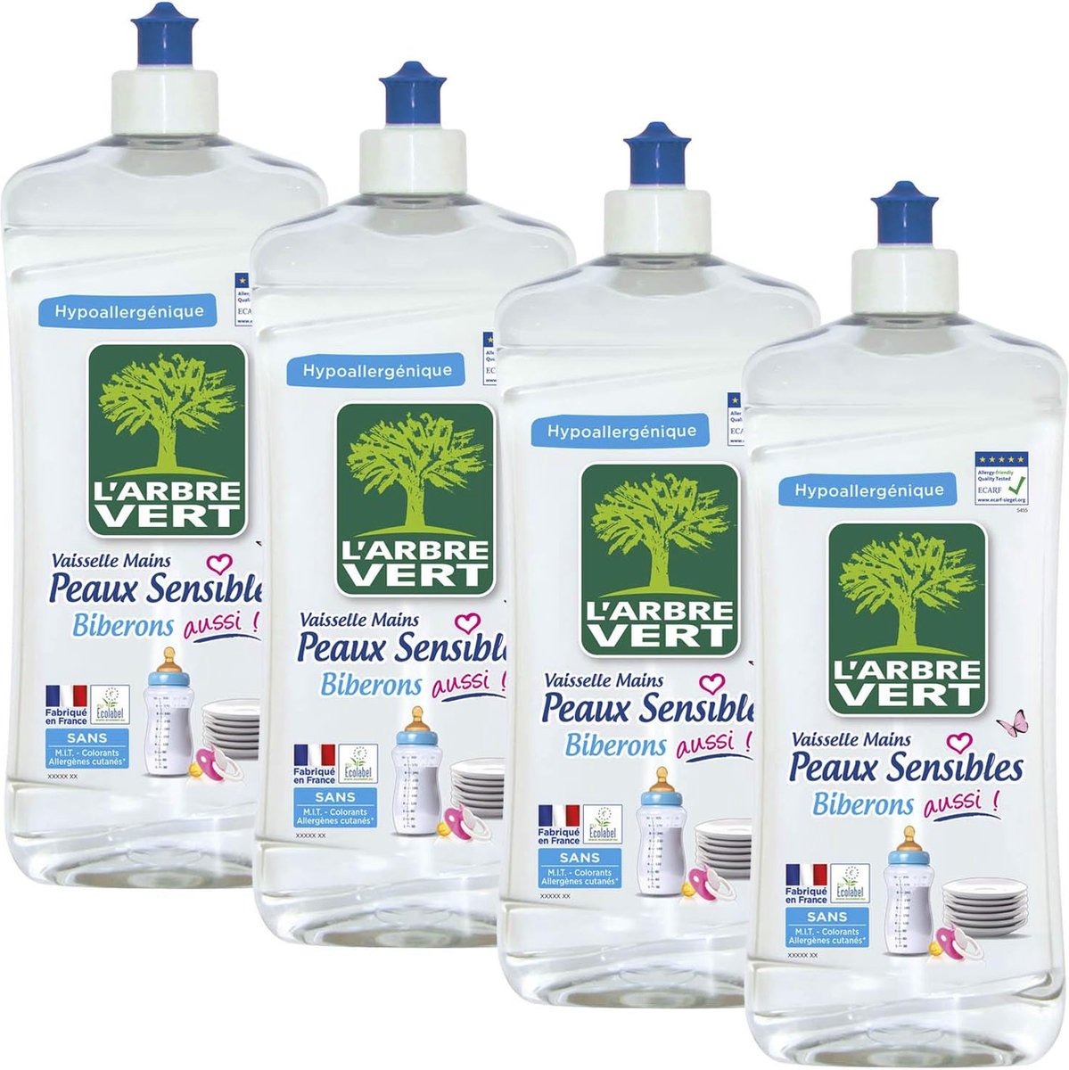 L'Arbre Vert Vloeistof Voor Gevoelige Huid en babyflessen , 750 ml, 4 Stuk