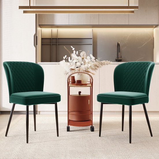 Chaise de salle à manger (2 pièces), vert foncé, chaise rembourrée, chaise design avec dossier, assise en velours, structure en métal