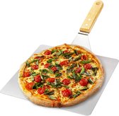Pizzaschep van roestvrij staal - pizza- en taartschep met houten handvat - pizzaschuiver voor pizza, Flammkuchen, broodjes en brood (zilverkleurig/bruin - vierkant)