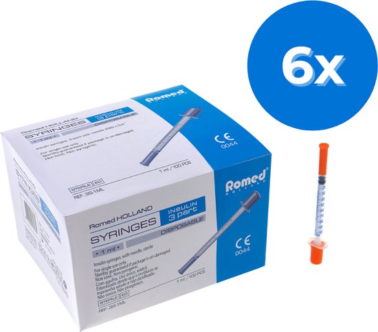 Romed 3-delige insulinespuit met naald 600 stuks - Set van 6 doosjes Romed