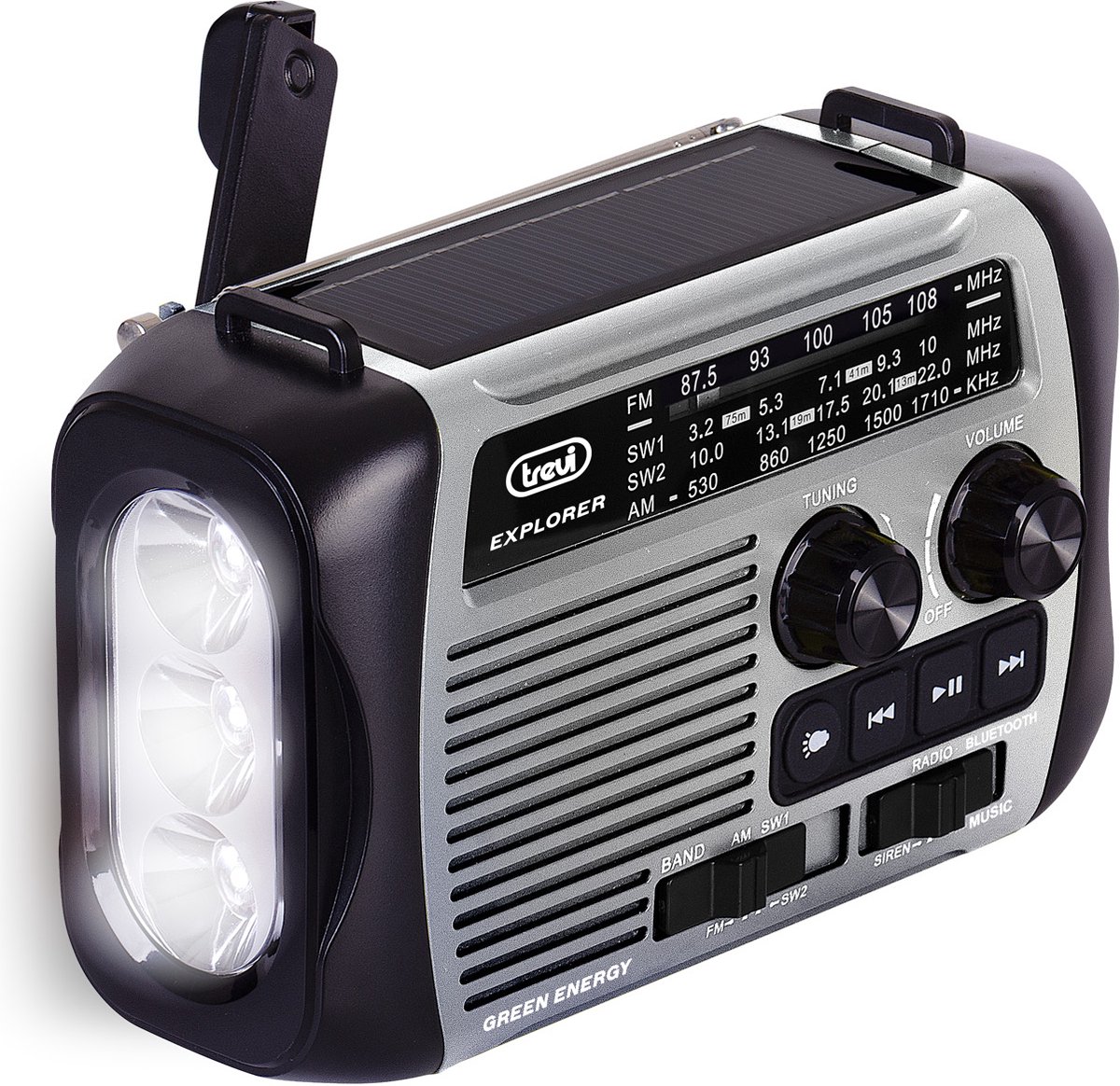 Draagbare Dynamo en Solar Radio USB Micro SD Draadloos en Powerbank – Grijs