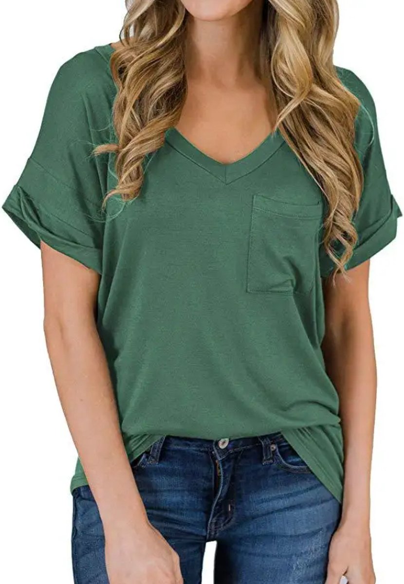 ASTRADAVI Casual Wear - Dames V-Hals T-Shirts met Borstzakje - Trendy Opgerolde Mouwen - Groen / Small