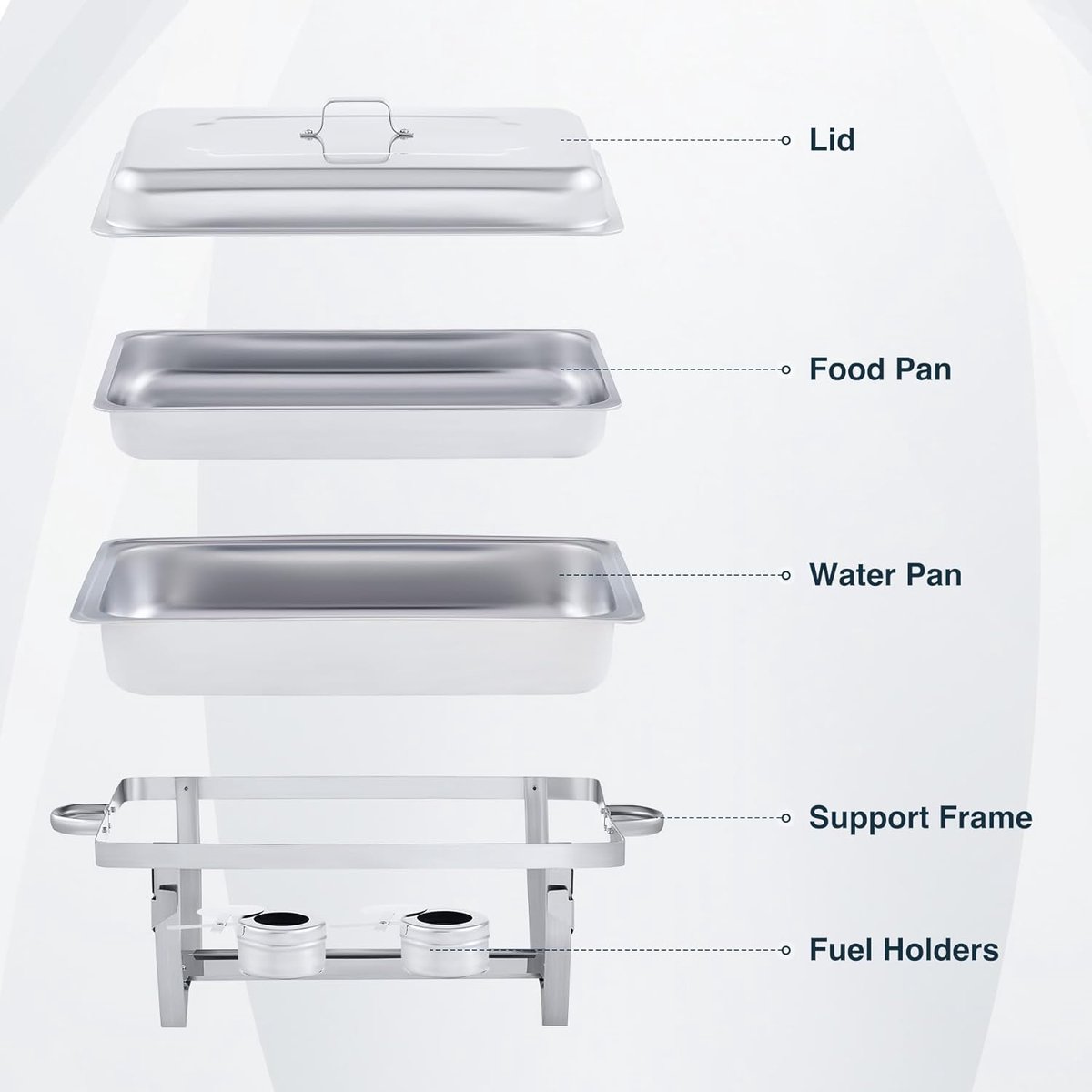 Wilprep Chafing dish set GN 1/1, Keeping Hot Container Capacity 9 Litre Stainless Steel, Food Warmer with Fire Paste Holders, Rectangular Buffet Warmer Set for Buffet Catering Party (6 Pieces