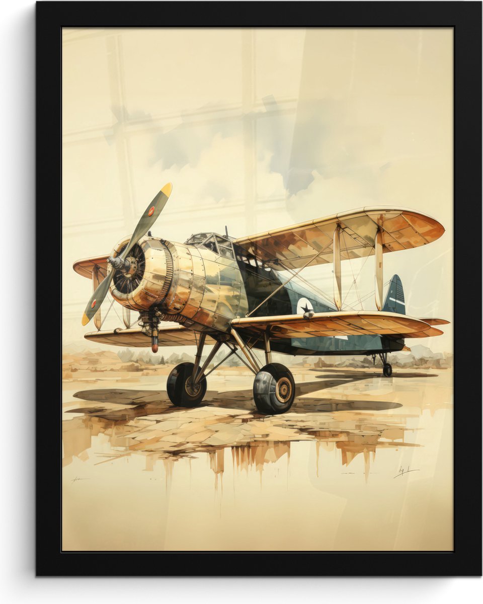 FrameYourWall Poster in lijst - Fotolijst 30x40 cm - Posters - Vintage - Vliegtuig - Water - Beige -Voertuig - Posterlijst zwart - Decoratie - Wanddecoratie woonkamer - Muurdecoratie slaapkamer