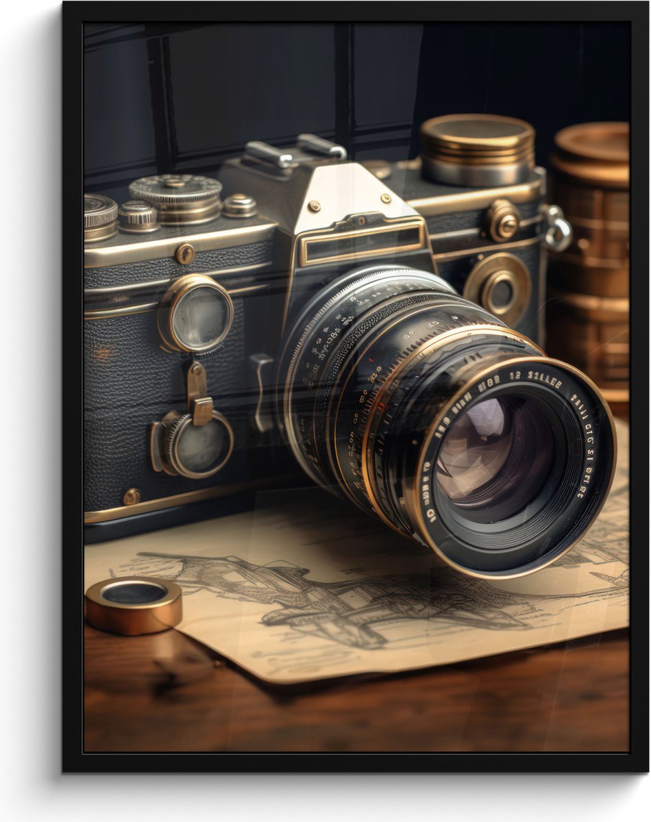 FrameYourWall Poster in lijst - Fotolijst 60x80 cm - Posters - Vintage - Fototoestel - Camera - Papier - Oud - Posterlijst zwart - Decoratie - Wanddecoratie woonkamer - Muurdecoratie slaapkamer