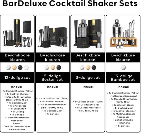 Overzicht van vier BarDeluxe cocktailshaker sets in verschillende groottes en kleuren: 12-delig, Boston, 3-delig en 13-delig bamboe.
