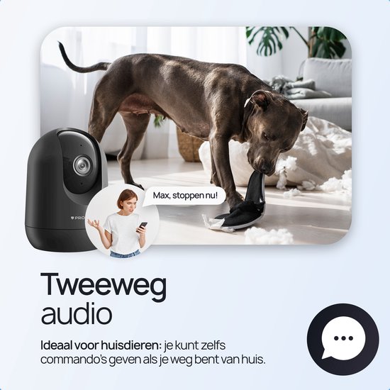 Caméra de sécurité intérieure Protectly® - Caméra pour animaux de compagnie avec application - Petcam - Caméra pour chien - Avec application WiFi - 2K 3MP Ultra HD - Détection de mouvement et de son - Caméra intérieure - Zwart