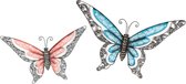 Anna Collection Wanddecoratie vlinders - 2x - blauw/rood - 36 x 21 cm/49 x 28 - metaal - muurdecoratie/schutting