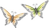 Anna Collection Wanddecoratie vlinders - 2x - groen/oranje - 36 x 21 cm - metaal - muurdecoratie - tuin beelden