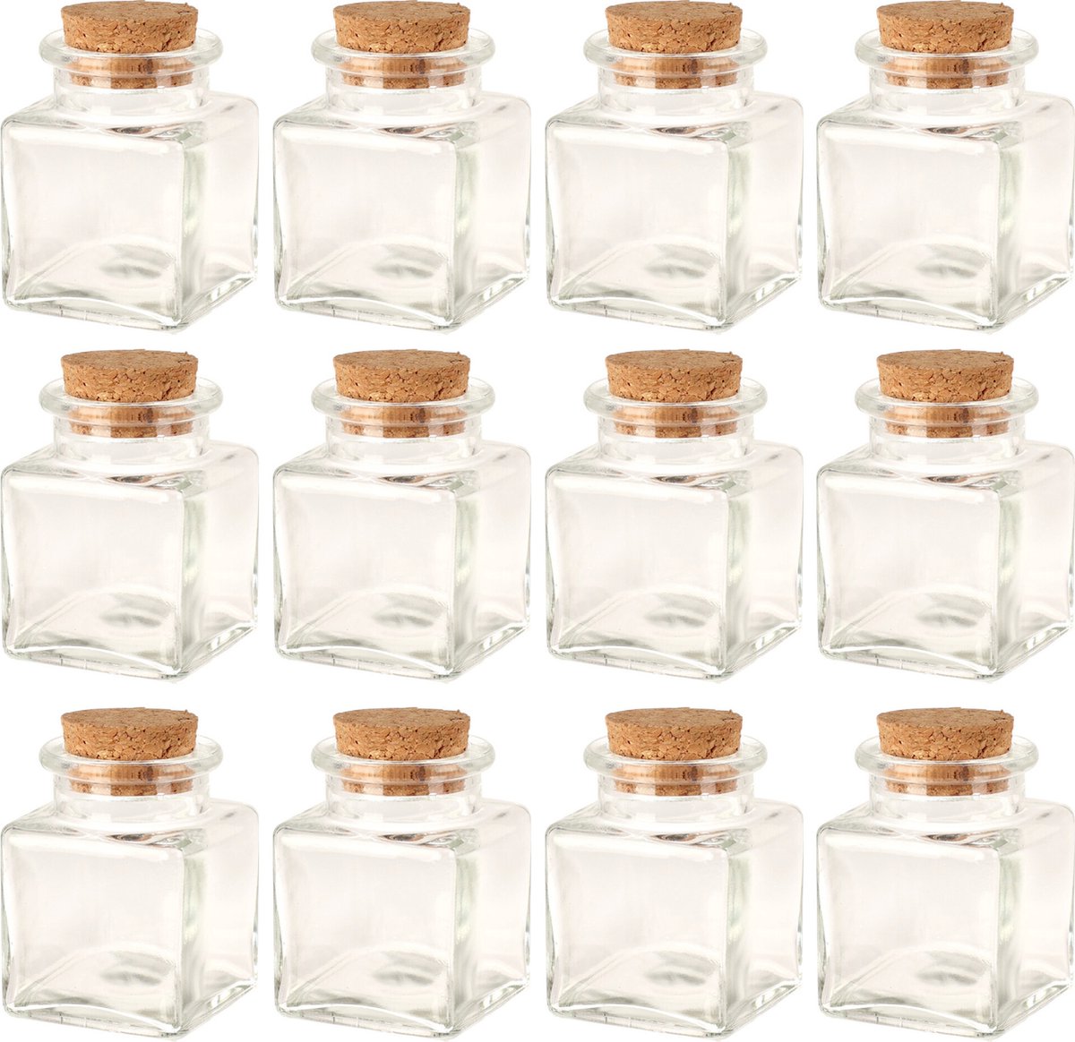 Bellatio Design Flesjes met kurk dop - set 12x - transparant - glas - 50 ml - hobby/DIY - bedankje