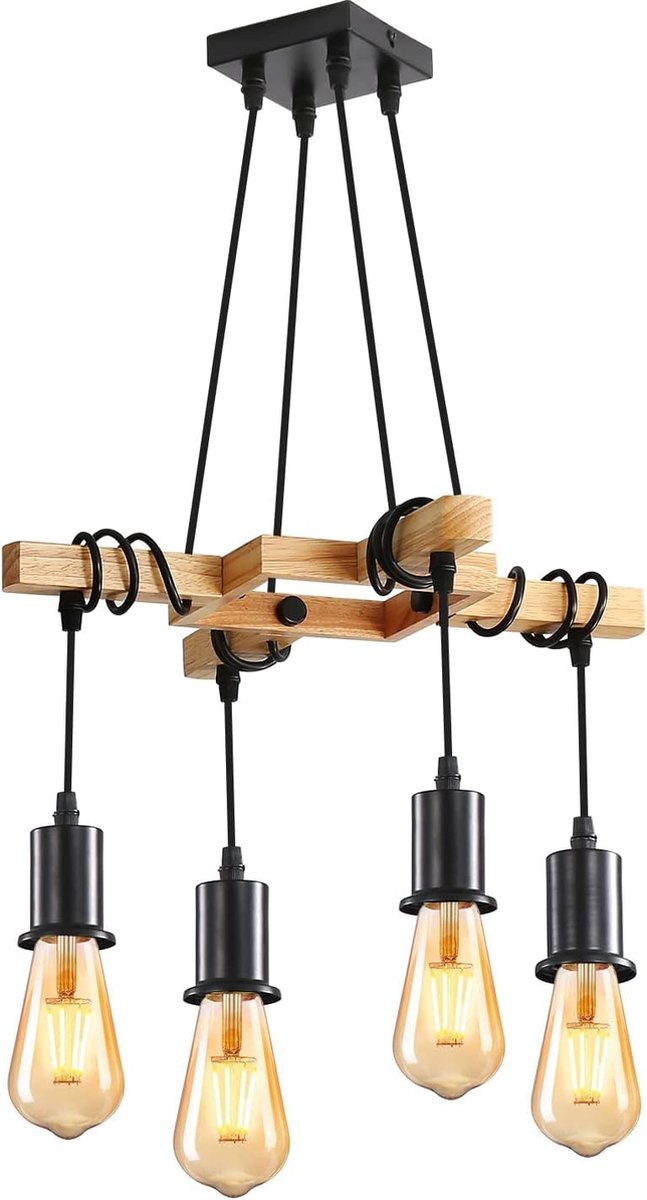 Goeco hanglamp - 41.5cm - Medium - E27 - houten - zwarte - in hoogte verstelbare - voor woonkamer keuken, slaapkamer - 4 lampen NIET INBEGREPEN