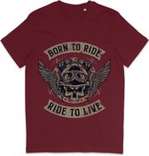 Heren en Dames T Shirt - Motorrijder - Born To Ride - Bordeaux Rood - L