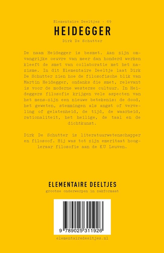 Gele achterkant van het boek Heidegger met tekst en barcode.
