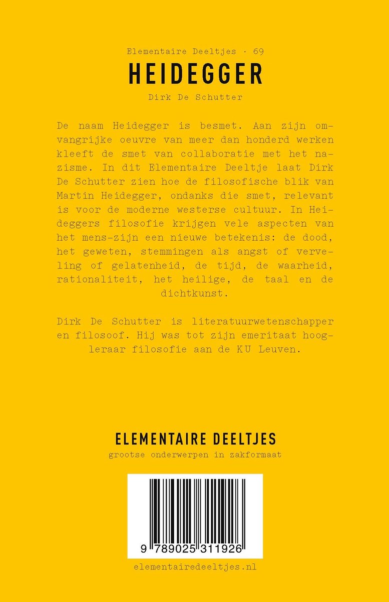 Gele achterkant van het boek Heidegger met tekst en barcode.