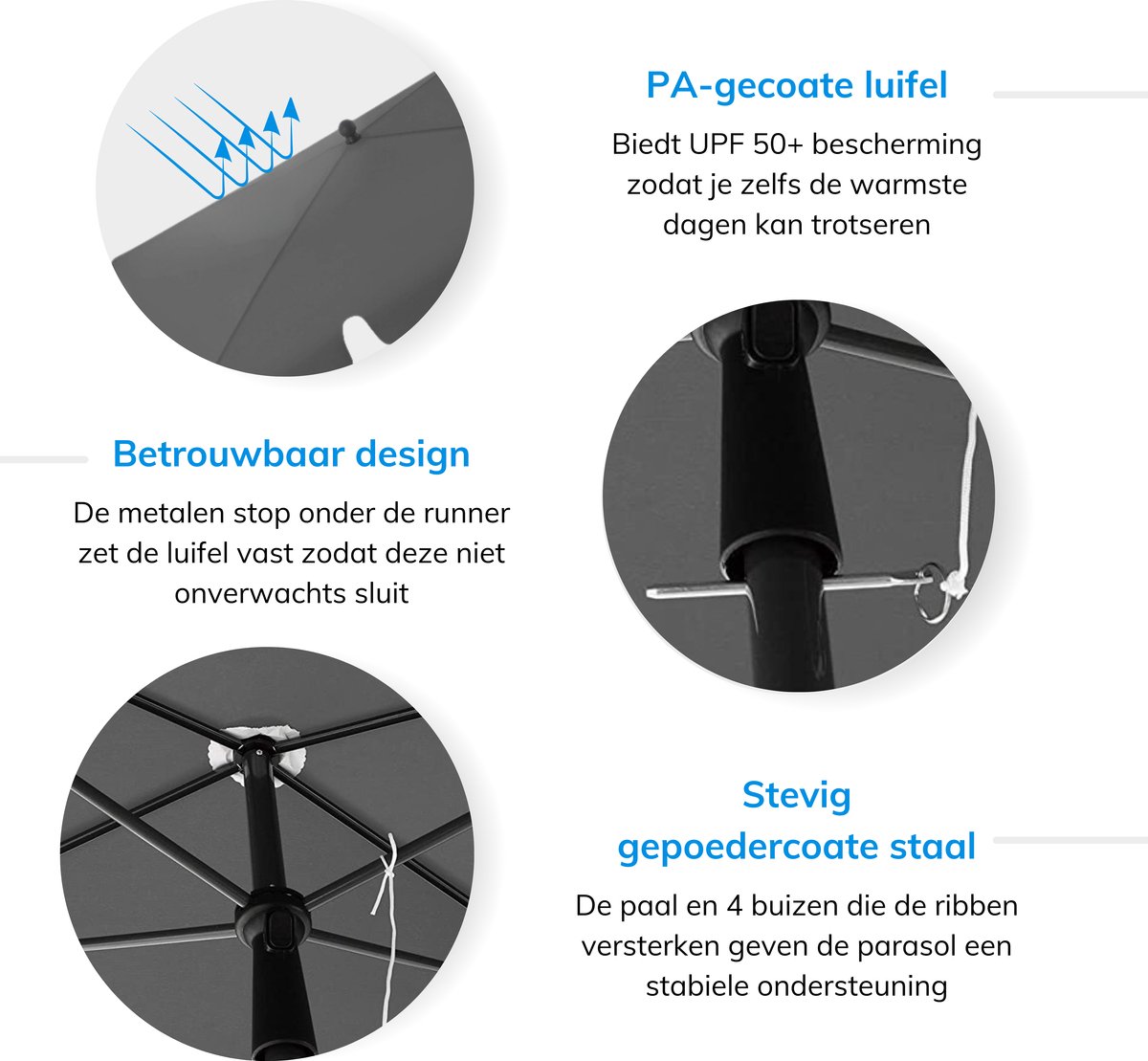 ACAZA Parasol - Strandparasol - Grijs - 200 x 125 cm (L x B) - inclusief Draagtas - Rechthoekig - Tuinparasol - Kantelbaar - Waterdicht - Terras Parasol voor Appartement - Parasol Strand – foto 5