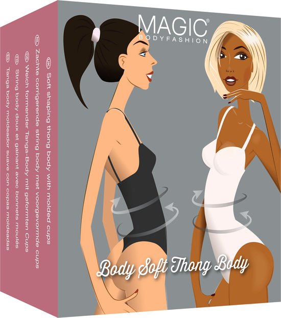 Verpakking met illustraties van twee vrouwen die de MAGIC Bodyfashion Body Soft Thong Body dragen.