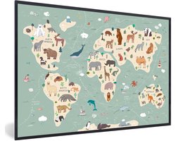 Poster in fotolijst kind - Kinder decoratie - Aarde - Wereldkaart kinderen - Dieren - Jongens - Meiden - Blauw - Schilderij voor kinderen - 30x20 cm - Kinderkamer decoratie
