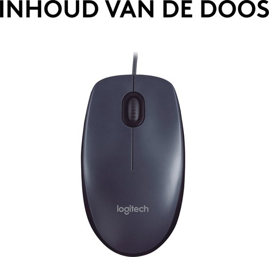 Souris Logitech M90 grise, vue de dessus. Texte : "CONTENU DE LA BOÎTE".