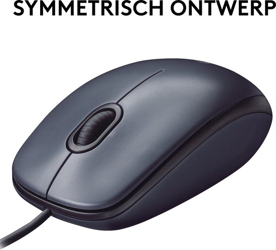 Souris Logitech M90 grise, vue de trois quarts par le dessus. Texte : "CONCEPTION SYMÉTRIQUE".