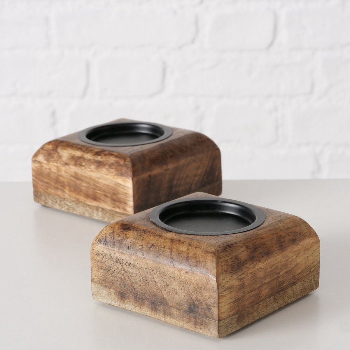 Boltze Kandelaar - 2 set - 10x10x5cm - Blok - industrieel - 1 stomp kaars - Mango - Bruin