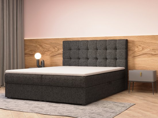 Continentaal bed, boxspringbed, bed met bedkast, Bonell-matras en topper, tweepersoonsbed - Boxspringbed 05 (Zwart - Hugo 100, 180x200 cm)