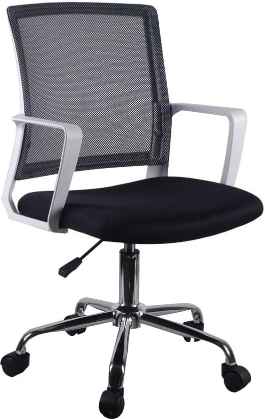 Bureaustoel 54x57x88-97 cm draaibaar en in hoogte verstelbaar met wielen verchroomd frame vaste armleuningen max. gewicht 90 kg netrug gewatteerd (zwart)