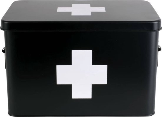 Zwarte medicijnkist met witte kruis symbolen op de deksel en voorkant.