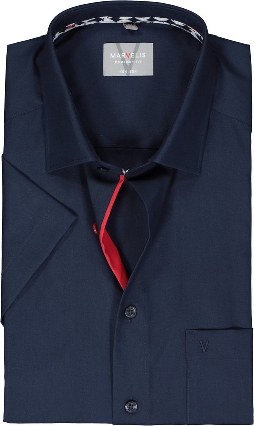 MARVELIS comfort fit overhemd - korte mouw - popeline - donkerblauw - Strijkvrij - Boordmaat: