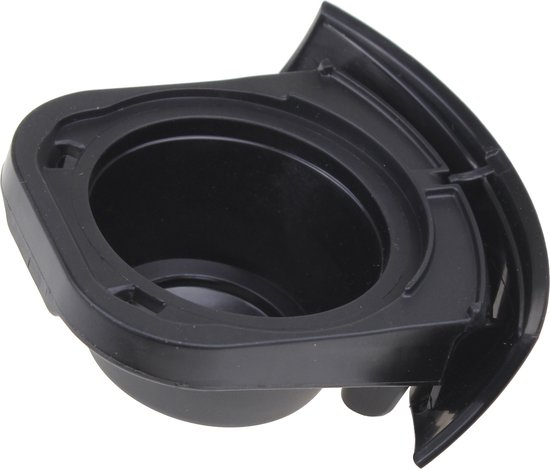 Zwarte Dolce Gusto capsulehouder met een opening aan de bovenkant en een gebogen zijkant.