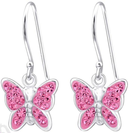 Joy|S - Zilveren vlinder bedel oorbellen - oorhangers - magenta roze kristal - kinderoorbellen
