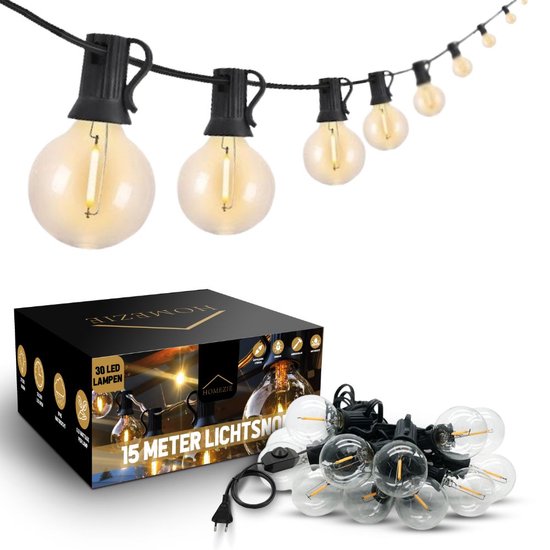 Homezie Lichtsnoer | 15 meter met 30 kunststof LED bulbs | Warm wit | Waterdicht | Koppelbaar & Dimbaar | Tuinverlichting