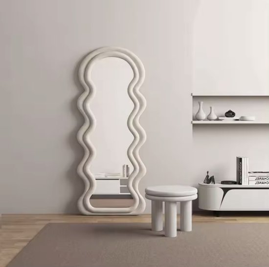 Luxaliving - Ovale Spiegel - Full body spiegel - Veiligheidsglas - Staande spiegel - Tegen de muur te leunen - Créme wit - Wandspiegel voor slaapkamer, woonkamer, kleedkamer - Velvet - 160cm x 60cm