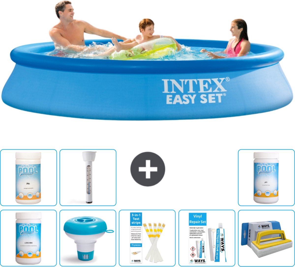Intex Rond Opblaasbaar Easy Set Zwembad - 305 x 61 cm - Blauw - Inclusief Chloor - Chloordrijver - Testrips - Reparatiesetje - Scrubborstel - PH-waarde - PH-waarde - Thermometer