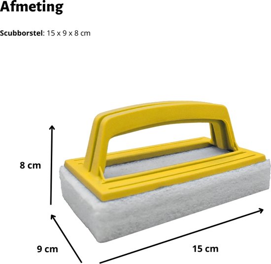 Gele schrobborstel met witte borstels, afmetingen 15 x 9 x 8 cm.
