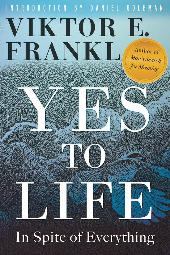 Boek 'Yes to Life' door Viktor E. Frankl, met een illustratie van blauwe lijnen en de tekst 'Yes to Life'.