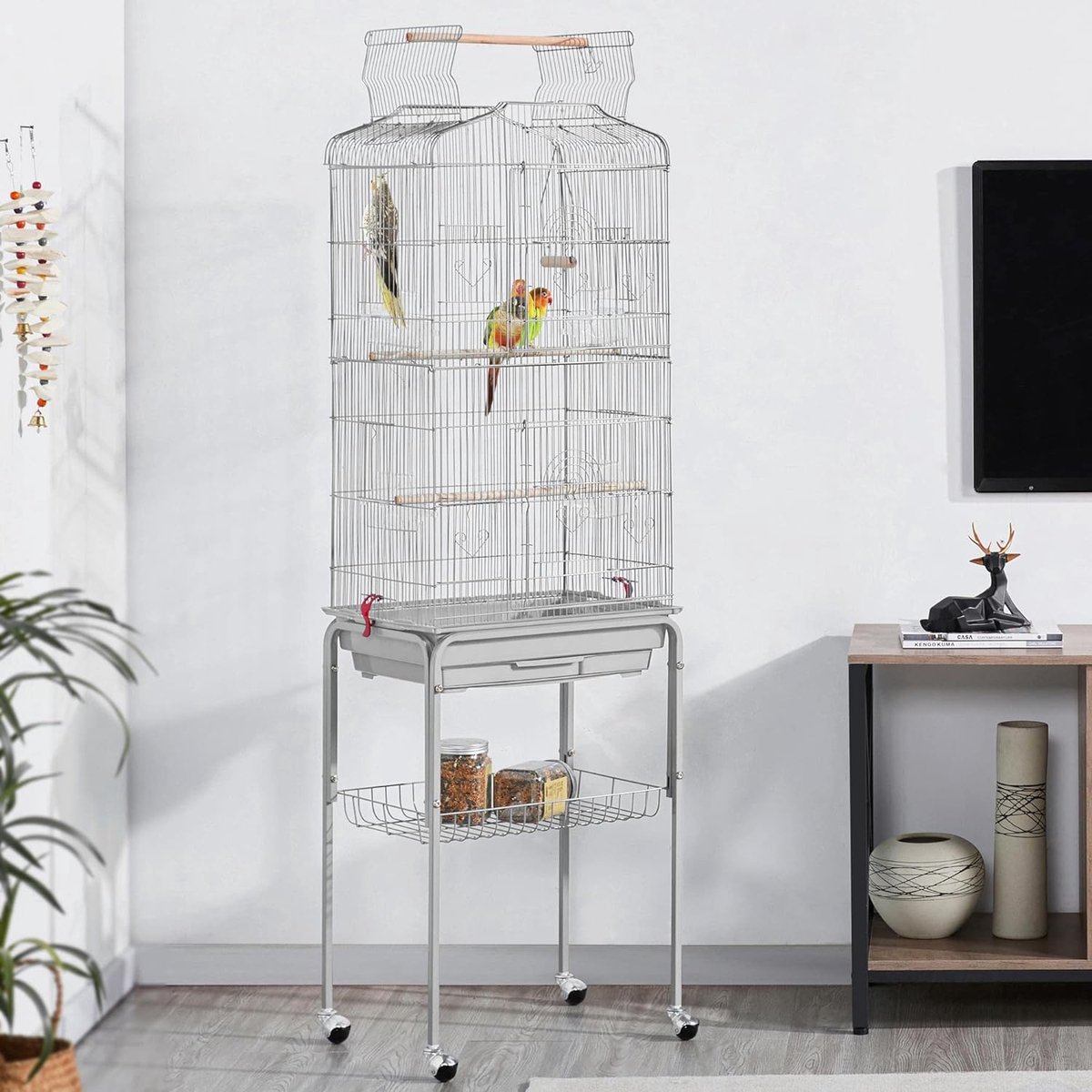 XXL vogelkooi vogelbouwers grasparkiet kanaries met vrije zitting en accessoires met standaard lichtgrijs HMTM-BC-10002-Gray