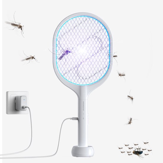 Foto: Hikemeister 2 in 1 vliegenmepper racket elektrische uv insectendoder op usb vliegenlamp insectenlamp muggenlamp fruitvliegjes muggen wespen motten muggenlamp als muggenvanger 2900v wit usb kabel 1 5 meter usb oplaadbaar