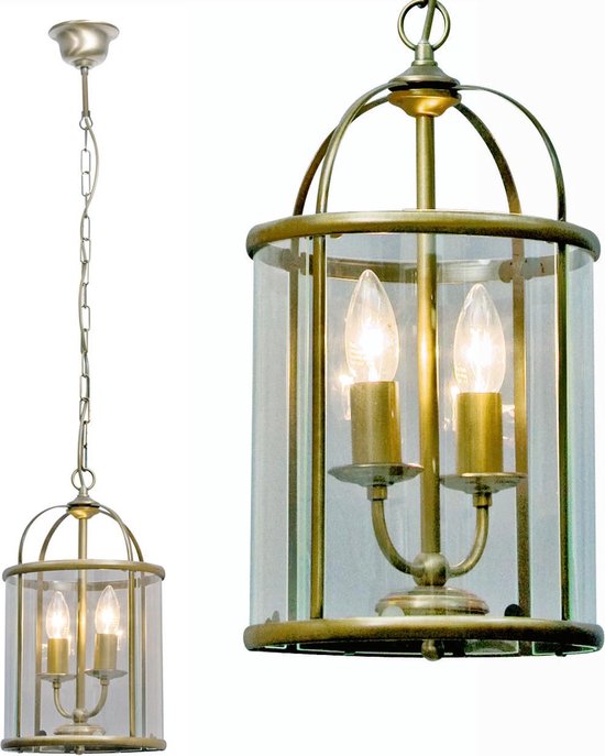 Chique hanglamp lantaarn Pimpernel | 2 lichts | bruin / brons / transparant | glas / metaal | Ø 23 cm | tot 120 cm in hoogte verstelbaar | eetkamer / woonkamer / slaapkamer lamp | warm / sfeervol licht | modern / landelijk design