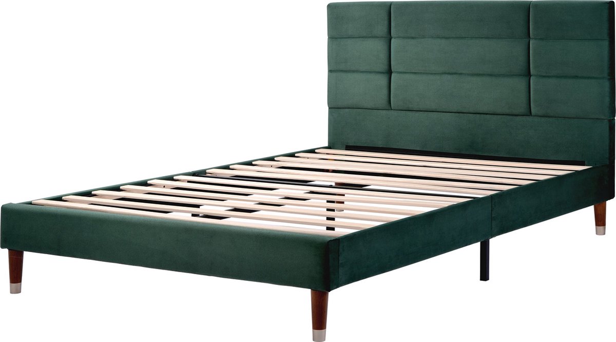 Merax Gestoffeerd Bed 140 x 200 cm in Donkergroen Fluweel met Hoofdbord en Lattenbodem - Zonder Matras