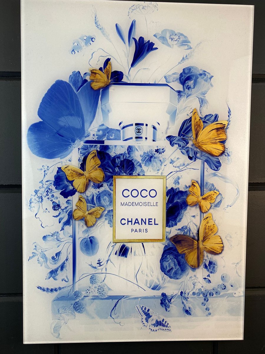blue butterfly Coco Chanel schilderij op plexiglas 80x120cm