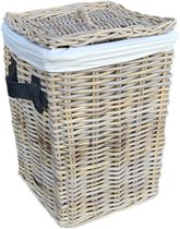 Rieten Wasmand Klein 34cm | Deksel & Linnen Voering | Zwarte Leren Handgrepen | Handgemaakt Indonesië